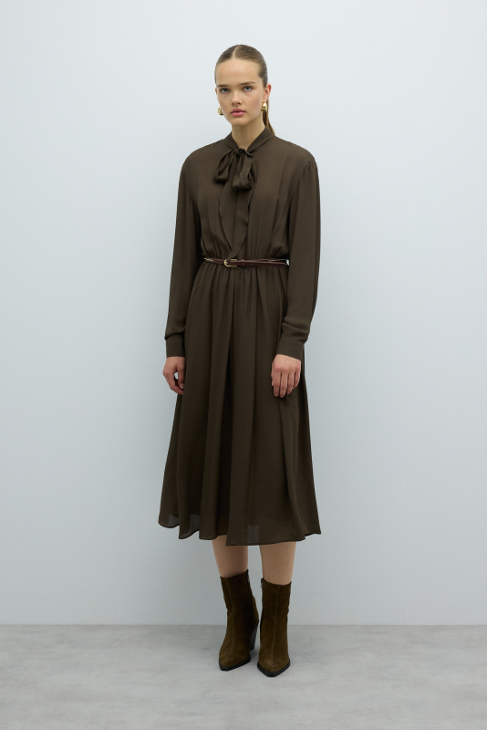 Yakası Fular Detaylı Beli Lastikli Elbise Haki - 1