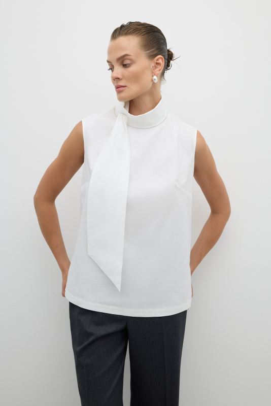 Yakası Fular Detaylı Kolsuz Poplin Bluz Beyaz - 1