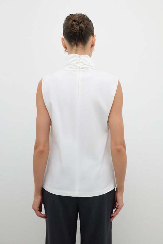 Yakası Fular Detaylı Kolsuz Poplin Bluz Beyaz - 2