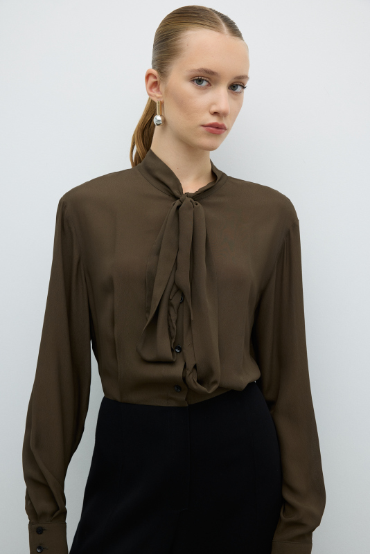 Yakası Fular Detaylı Tulum Haki - Siyah - 4