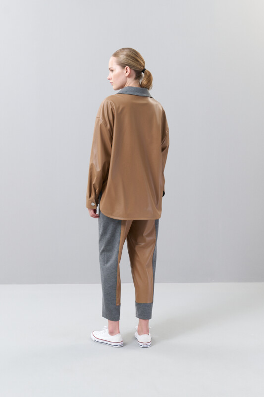 Yakası Örme Önü Fermuarlı Deri Ceket Gömlek Camel - Roman (1)