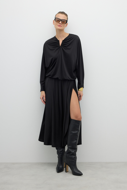 Yakası V Tokalı Beli Lastikli Yarasa Kol Bluz Siyah - 5