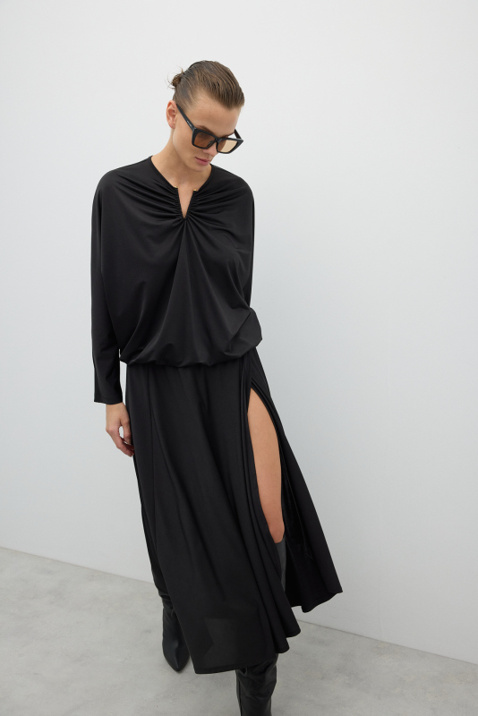 Yakası V Tokalı Beli Lastikli Yarasa Kol Bluz Siyah - 6