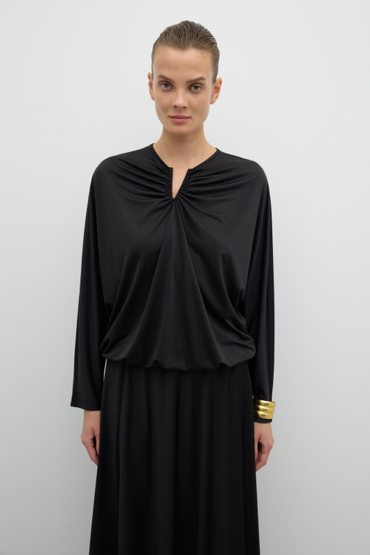 Yakası V Tokalı Beli Lastikli Yarasa Kol Bluz Siyah - 1