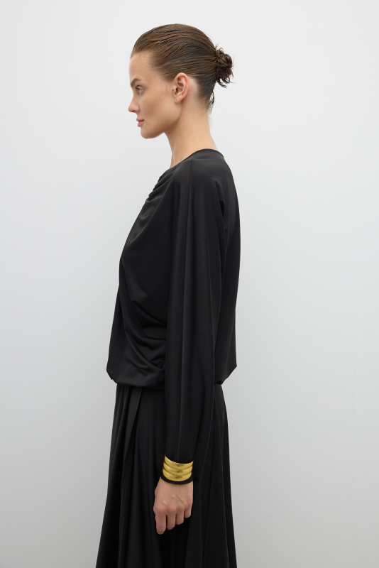 Yakası V Tokalı Beli Lastikli Yarasa Kol Bluz Siyah - 3