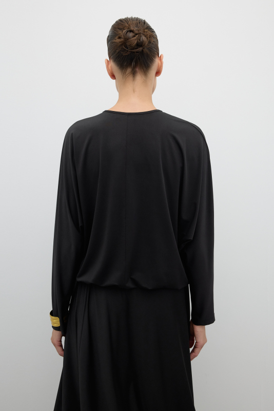 Yakası V Tokalı Beli Lastikli Yarasa Kol Bluz Siyah - 2