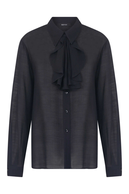 İpek ve Yün Karışımlı Yakası Volanlı Gömlek Siyah - 4