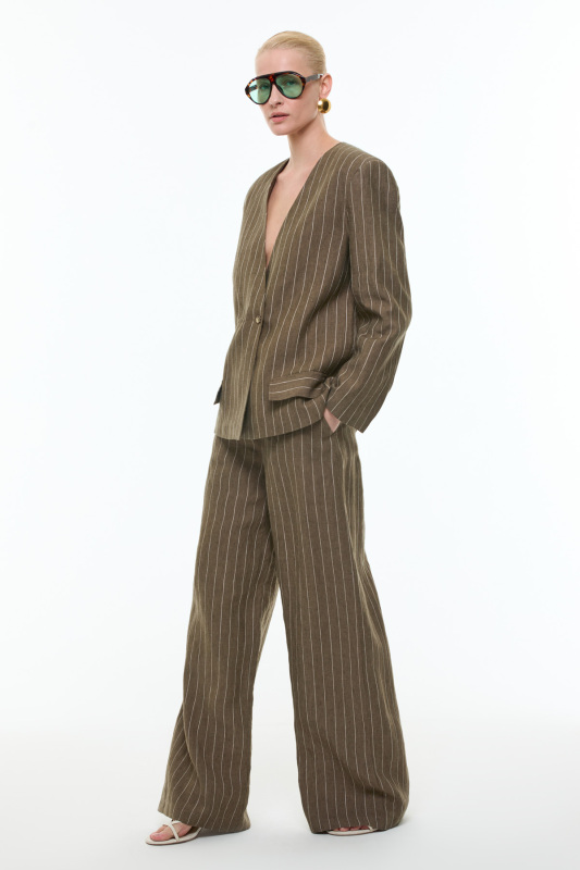 %100 Keten Yakasız Kruvaze Ceket Haki - 5