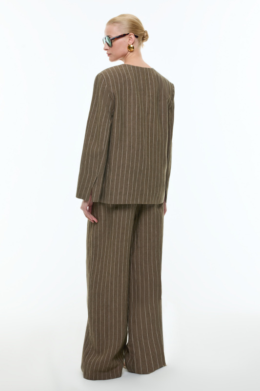 %100 Keten Yakasız Kruvaze Ceket Haki - Roman (1)