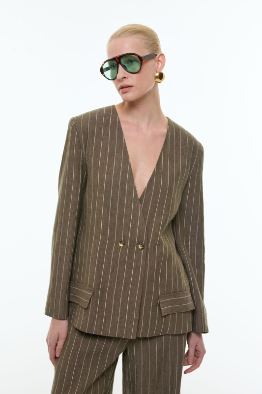 %100 Keten Yakasız Kruvaze Ceket Haki - 4