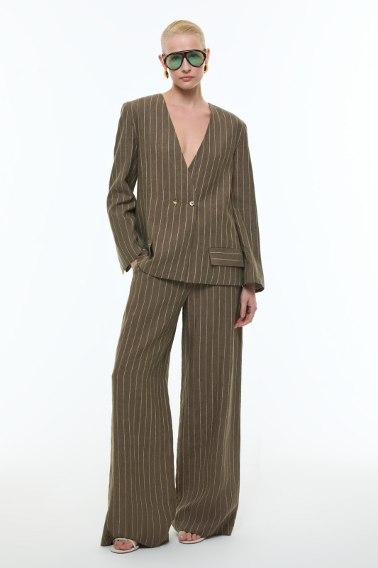 %100 Keten Yakasız Kruvaze Ceket Haki - 3