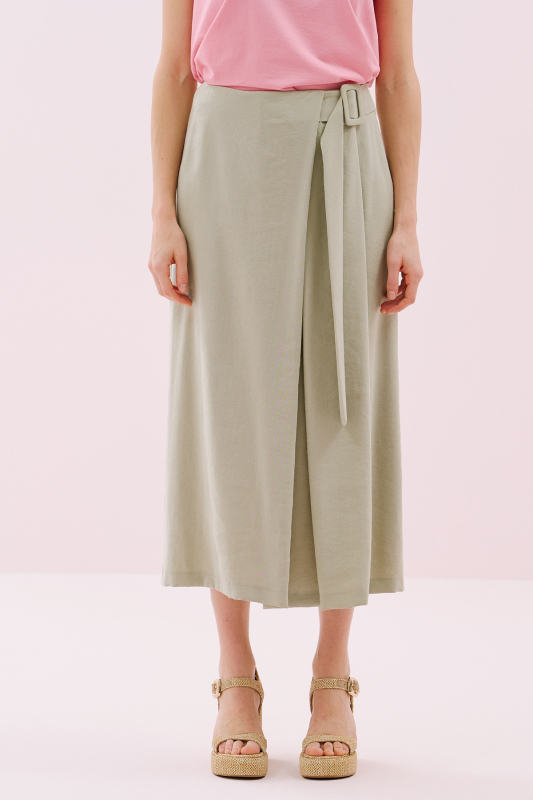 Yan Kemer Detaylı Kruvaze Görünümlü Midi Boy Etek Yeşil - 3