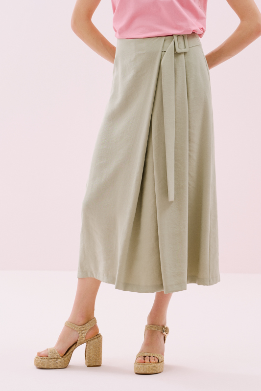 Yan Kemer Detaylı Kruvaze Görünümlü Midi Boy Etek Yeşil - 4