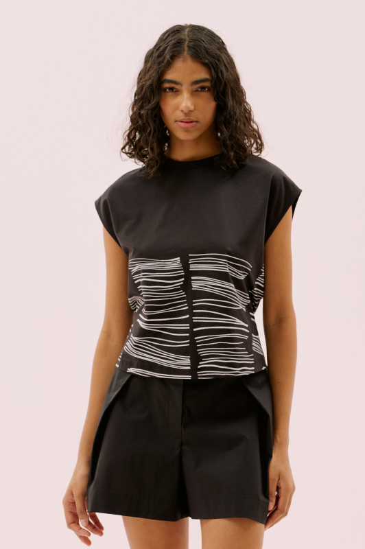 Yanları Yırtmaç Detaylı Baskılı Kolsuz T-shirt Siyah - 1