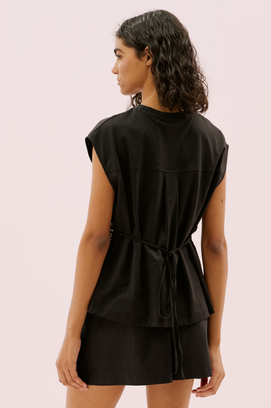 Yanları Yırtmaç Detaylı Baskılı Kolsuz T-shirt Siyah - 2