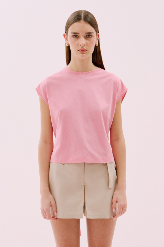 Yanları Yırtmaç Detaylı Kolsuz T-shirt Pembe - 1