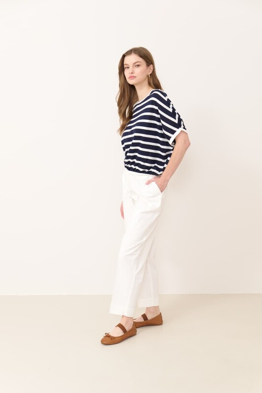 Yarasa Kollu Çizgi Desenli Bluz Lacivert - Beyaz - 3