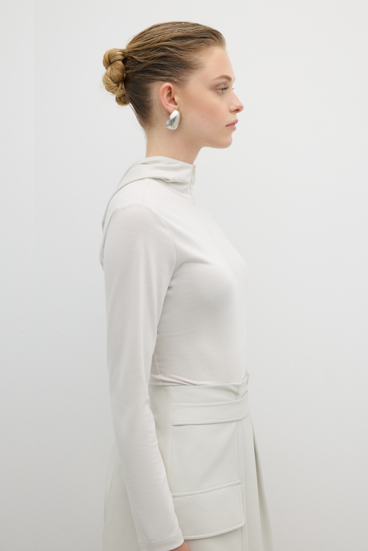 Yarım Fermuarlı Kapüşonlu Bodysuit Taş - 3