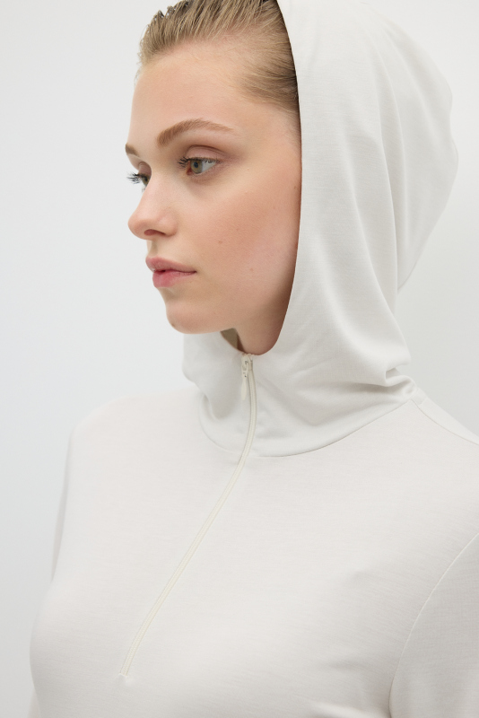 Yarım Fermuarlı Kapüşonlu Bodysuit Taş - 4