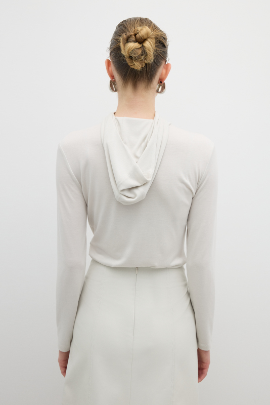 Yarım Fermuarlı Kapüşonlu Bodysuit Taş - 2