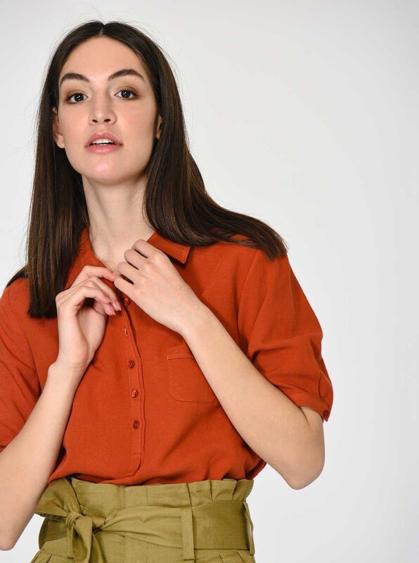 Yarım Kol Cep Detaylı Gömlek Kiremit - 3