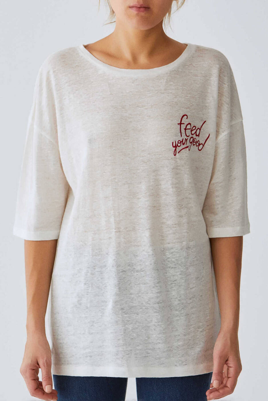 Yazı Detaylı Kadın T-Shirt Ekru - 1