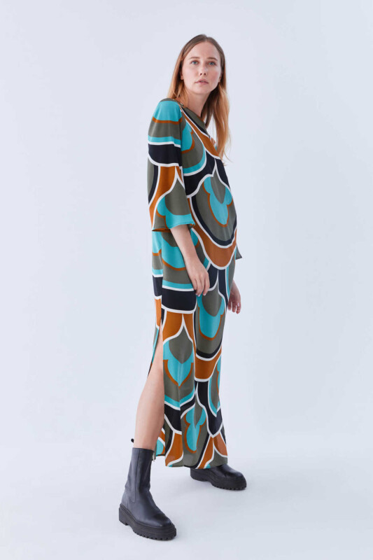 %100 İpek Yırtmaç Detaylı Uzun Elbise Standart Renk - 3