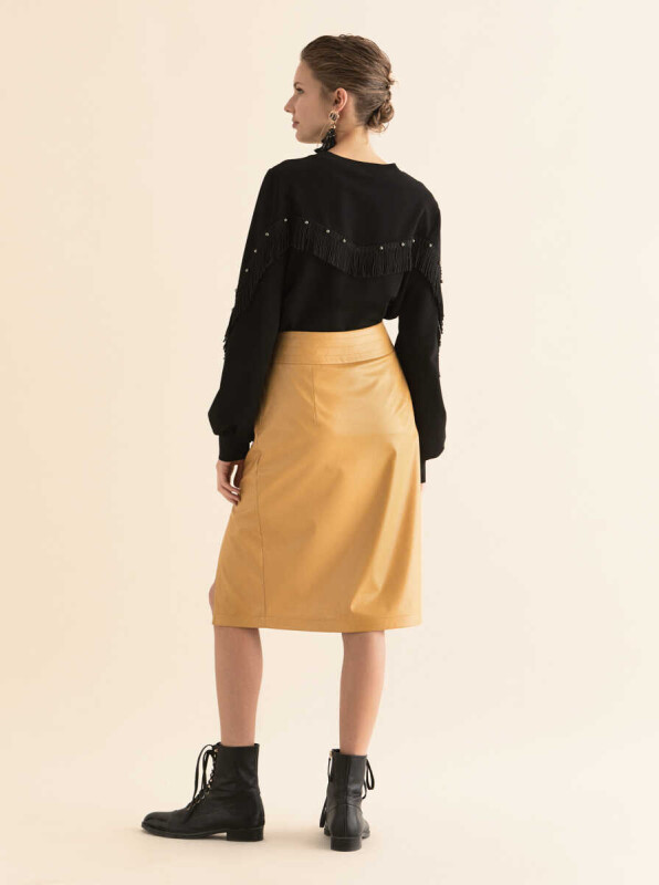  Yırtmaç Detaylı Kalem Etek Hardal - 2