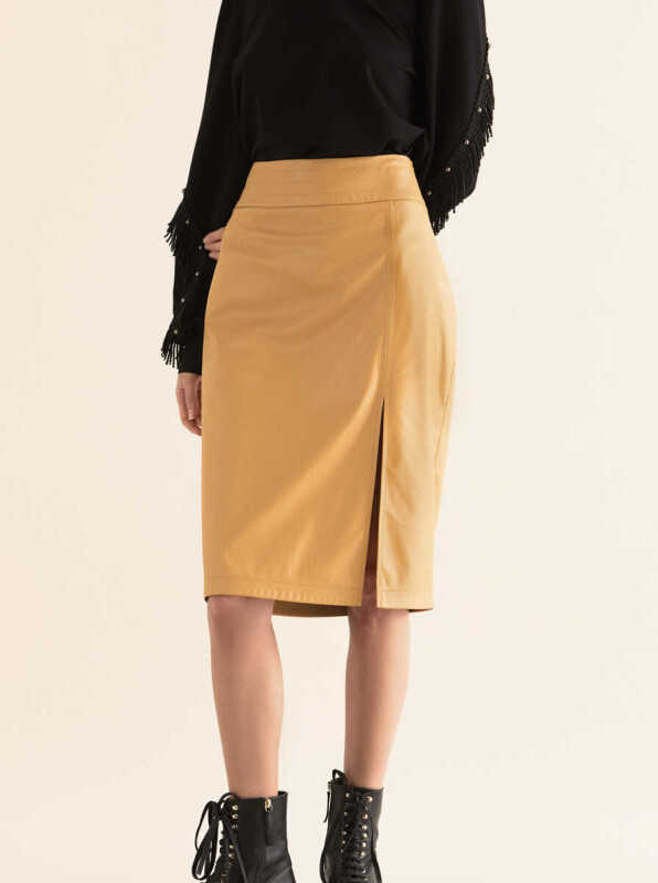  Yırtmaç Detaylı Kalem Etek Hardal - 3