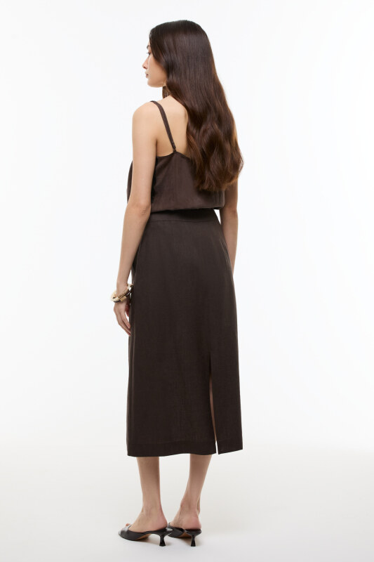 Yırtmaç Detaylı Keten Midi Etek Kahve - Roman (1)