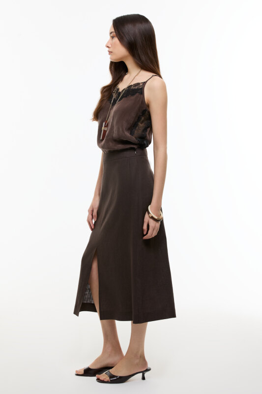 Yırtmaç Detaylı Keten Midi Etek Kahve - 3