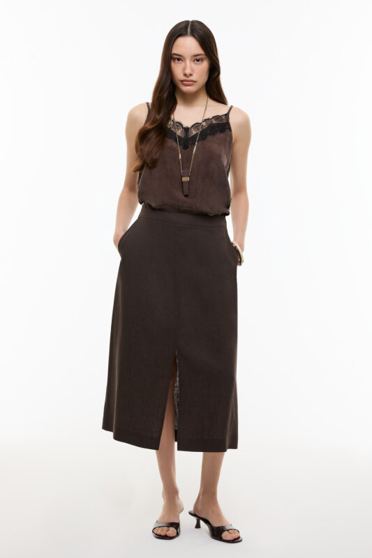 Yırtmaç Detaylı Keten Midi Etek Kahve - Roman