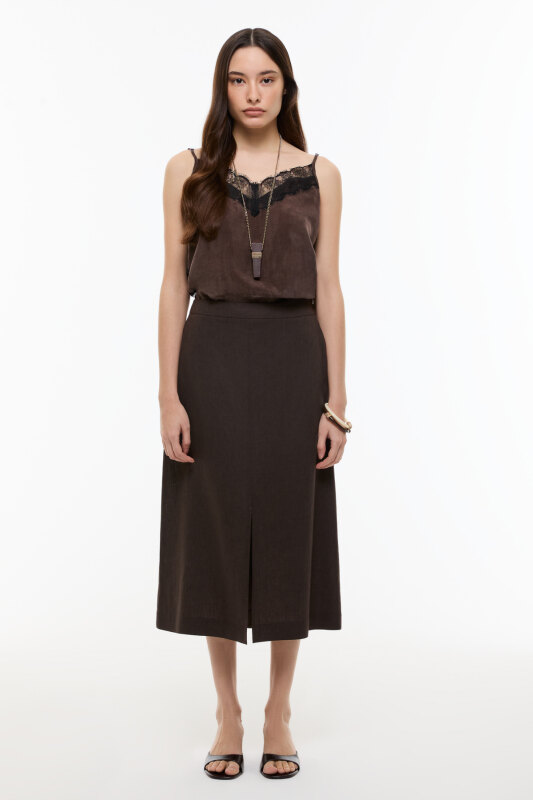 Yırtmaç Detaylı Keten Midi Etek Kahve - 4