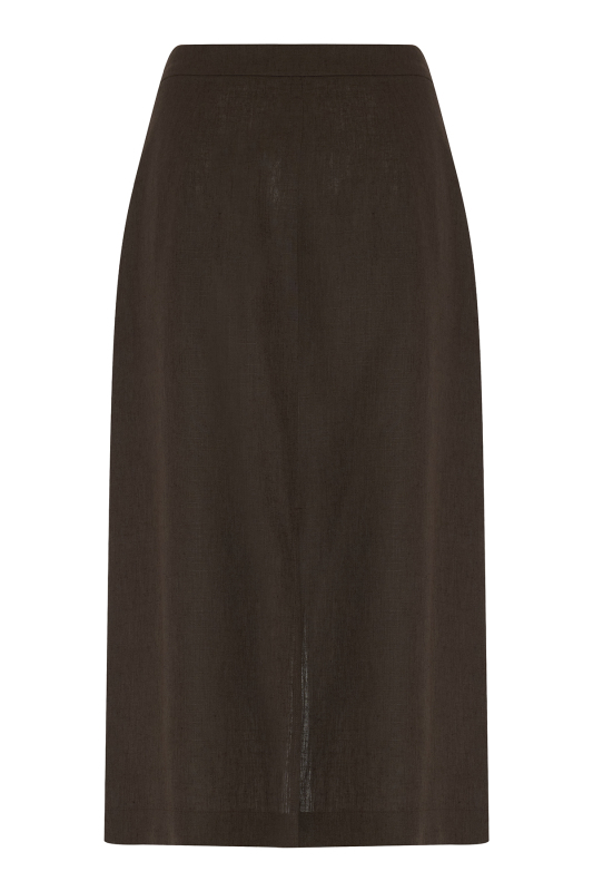 Yırtmaç Detaylı Keten Midi Etek Kahve - 6