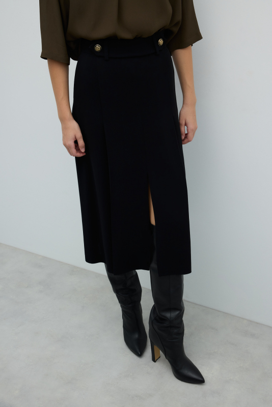 Yırtmaç Detaylı Midi Boy Etek Siyah - 3