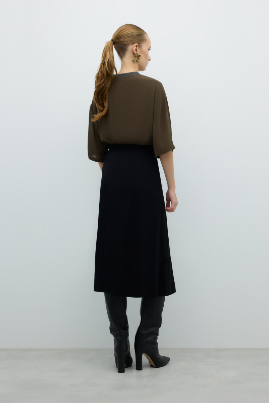 Yırtmaç Detaylı Midi Boy Etek Siyah - 2