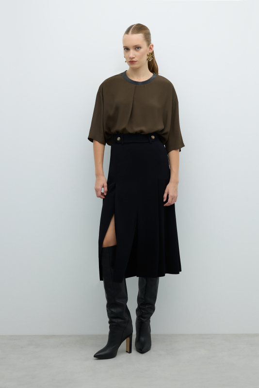 Yırtmaç Detaylı Midi Boy Etek Siyah - 1