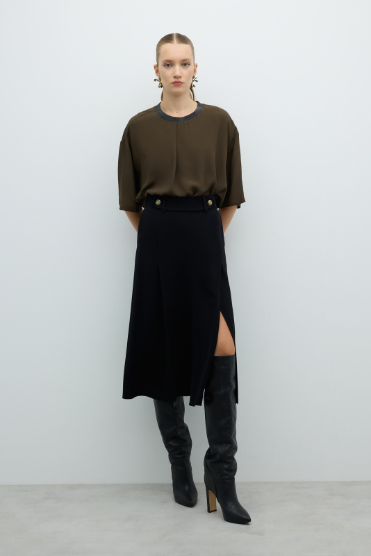 Yırtmaç Detaylı Midi Boy Etek Siyah - 4