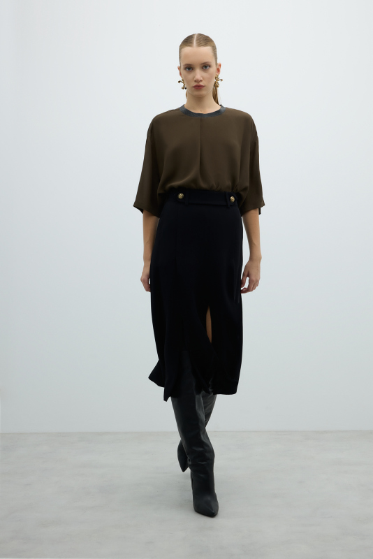 Yırtmaç Detaylı Midi Boy Etek Siyah - 5