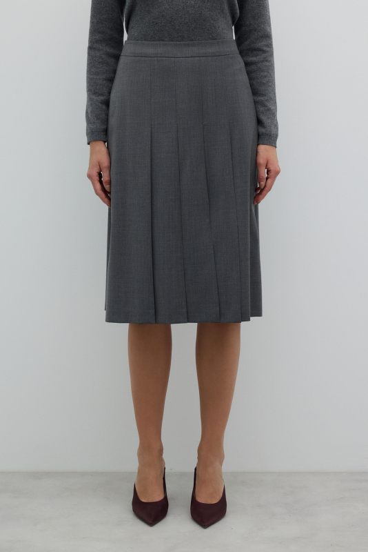 Yırtmaç Detaylı Pileli Yün Etek Gri - 4