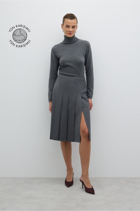 Yırtmaç Detaylı Pileli Yün Etek Gri - Roman