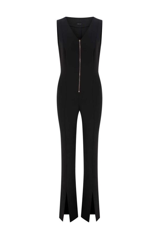  Yırtmaç Paçalı Likralı Krep Tulum Siyah - 4