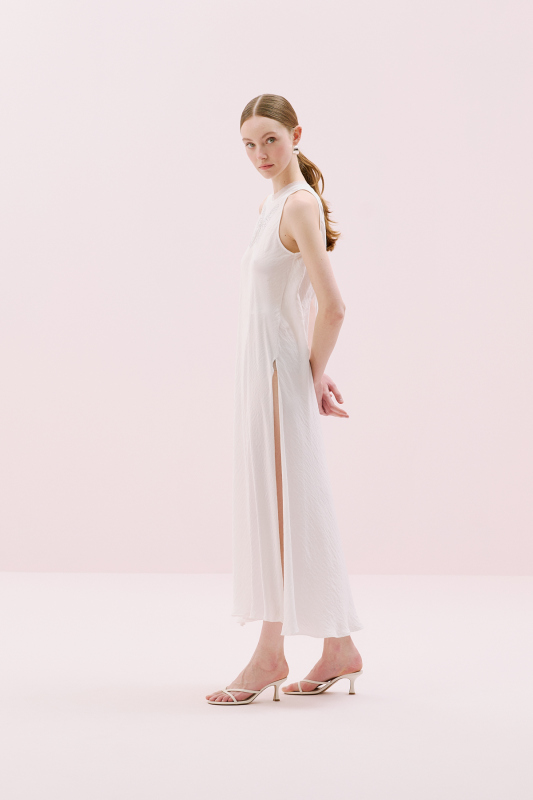 Yırtmaçlı Maksi Boy Saten Tunik Ekru - 3