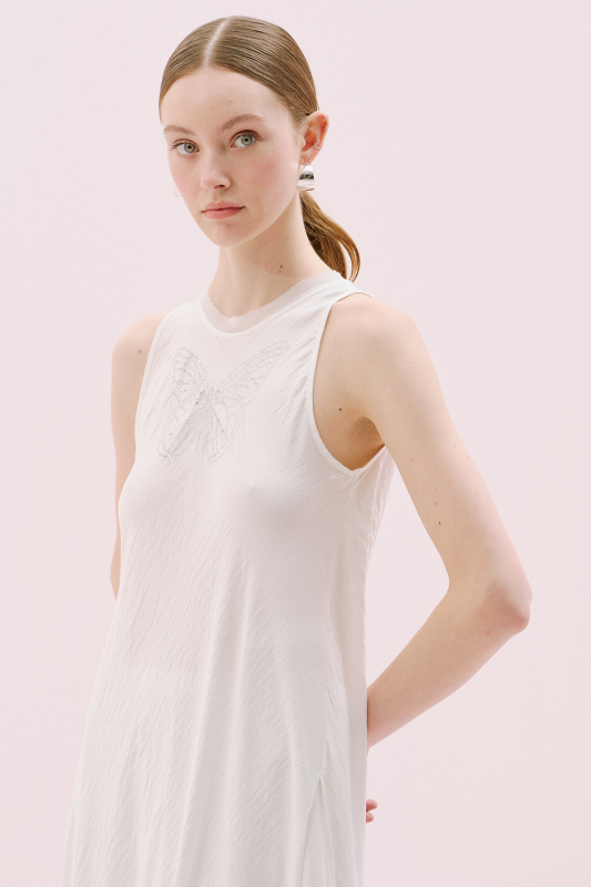 Yırtmaçlı Maksi Boy Saten Tunik Ekru - 4