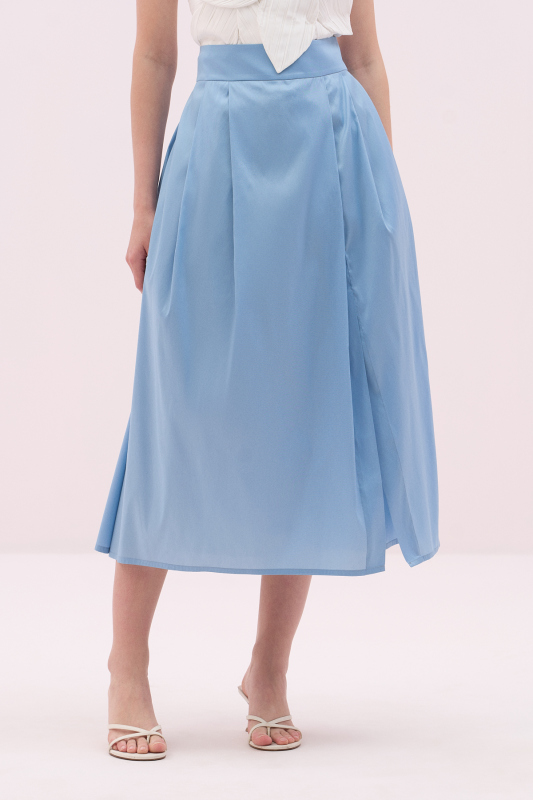 Yırtmaçlı Midi Boy Tafta Etek Mavi - 3