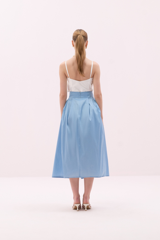 Yırtmaçlı Midi Boy Tafta Etek Mavi - 2