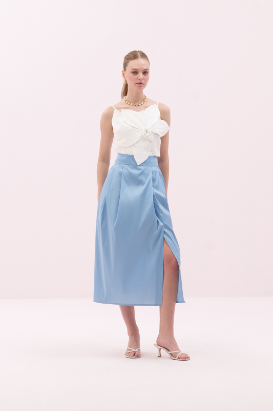 Yırtmaçlı Midi Boy Tafta Etek Mavi - 1