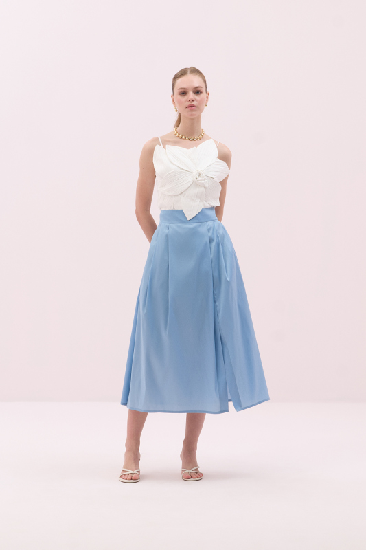 Yırtmaçlı Midi Boy Tafta Etek Mavi - 5