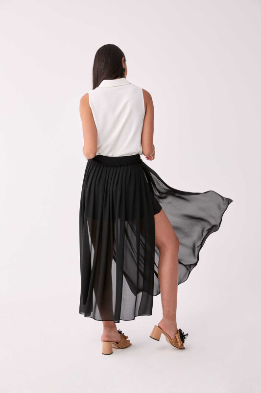 Yırtmaçlı Transparan Tül Uzun Etek Siyah - 2