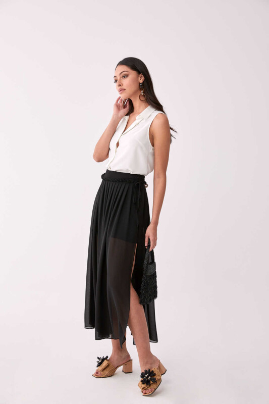 Yırtmaçlı Transparan Tül Uzun Etek Siyah - 4